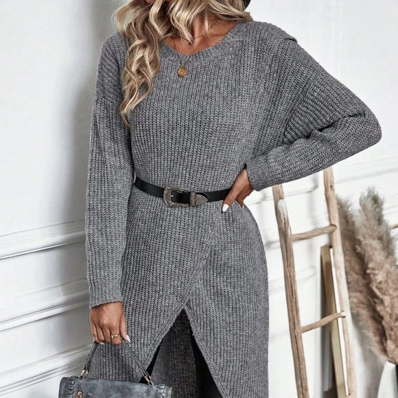 Grey Casual Womens Solid Wrap Hem Sweater - Picture 6 of 6